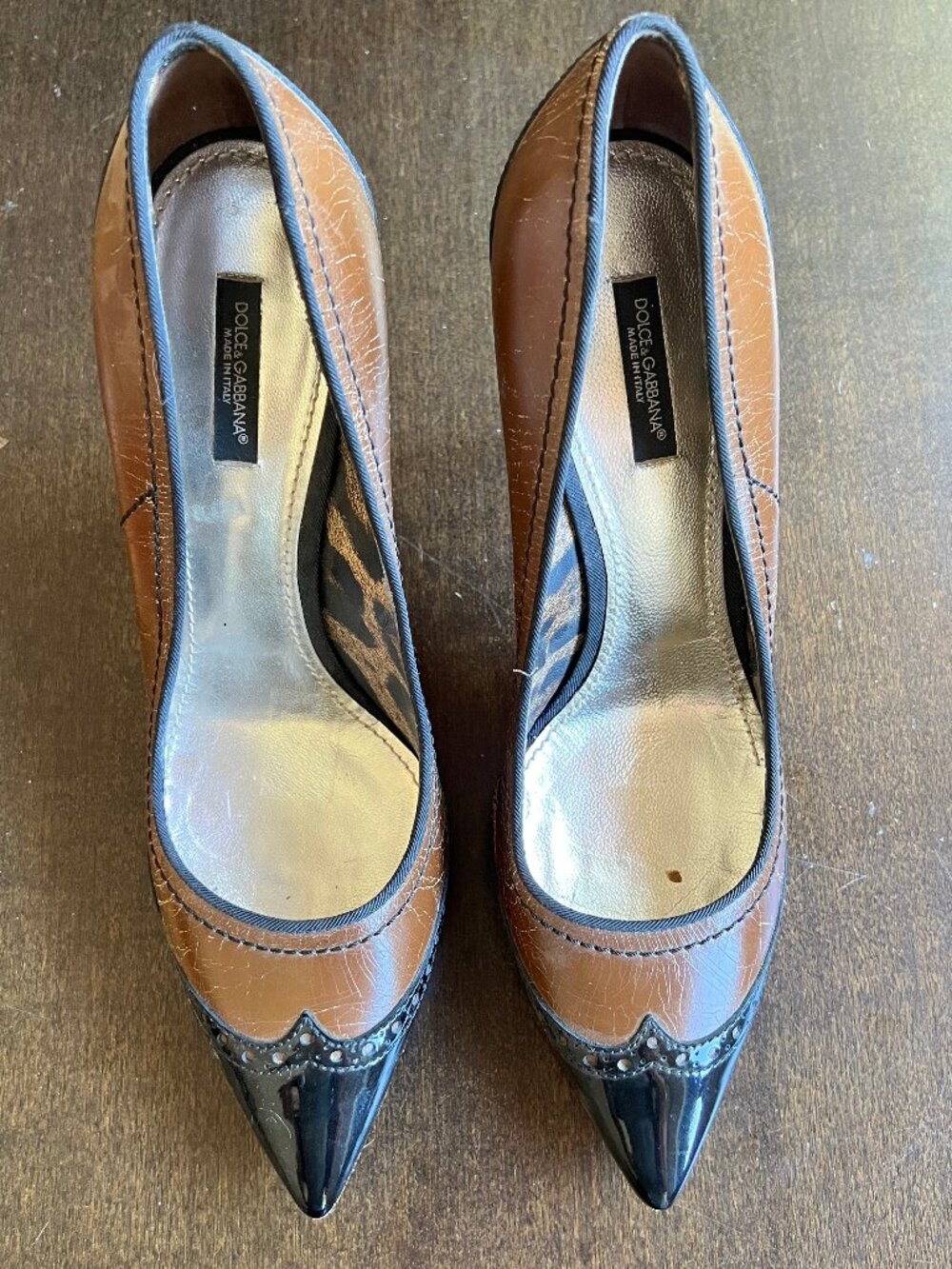 Dolce & Gabbana Spectator Brogue Heels Cognac Black Patent Size 39.5 Made in
